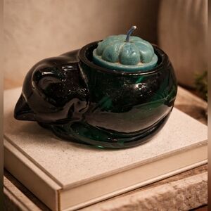 Vintage Green Glass Sculptural Candle Holder w/ Teal Candle | Mid Century Decor